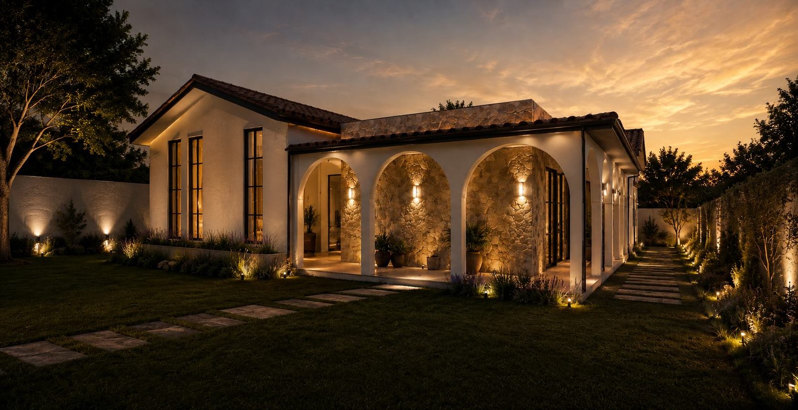 Fachada iluminada al atardecer