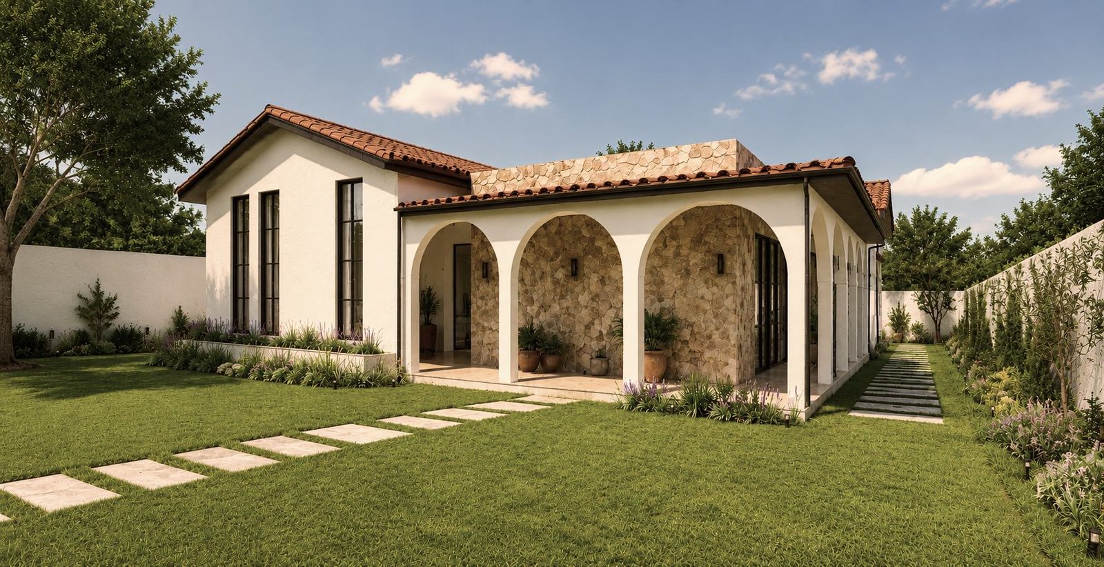 Fachada con arcos y jardín